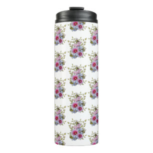 Stockrosen und Blaue Blumen mit Hummeln Thermosbecher
