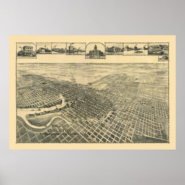 Stockton, CA Panoramic Map - 1895b Poster (Vorne)