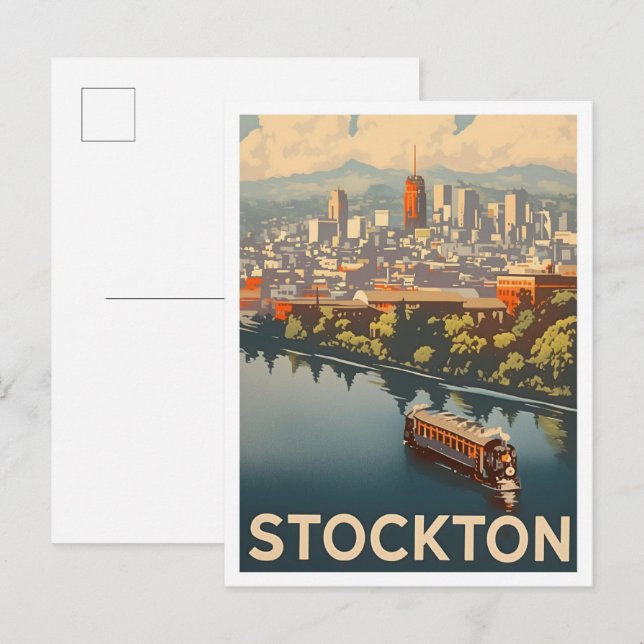 Stockton California Vintage Travel Illustration Postkarte (Vorne/Hinten)