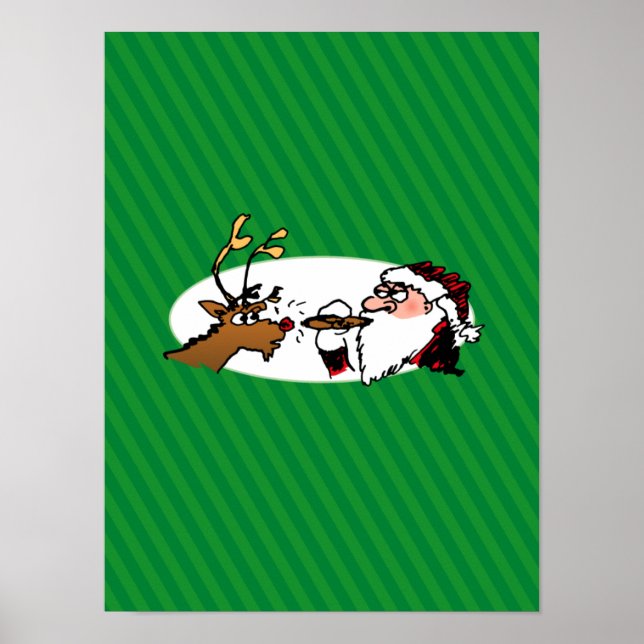 Stogie Santa und Rentier auf grünen Streifen Poster (Vorne)