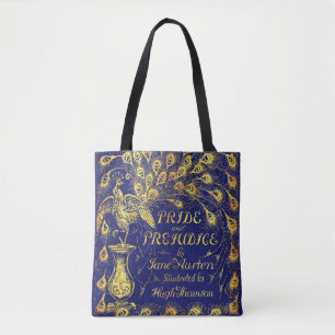 Stolz und Vorurteil Blau Goldener Pfau Buchcover Tasche
