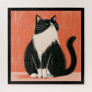 Stolze minimalistische Tuxedo-Katze auf Orange