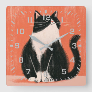 Stolze minimalistische Tuxedo-Katze auf Orange Quadratische Wanduhr