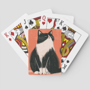 Stolze minimalistische Tuxedo-Katze auf Orange Spielkarten