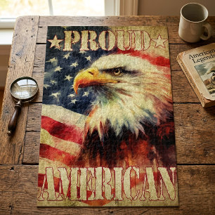 Stolzer Amerikaner. Weißkopfseeadler und Flagge de