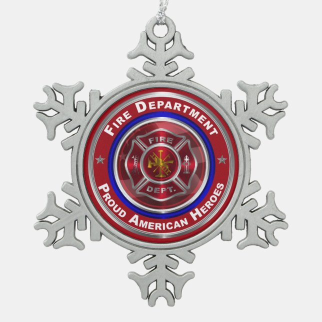 Stolzer amerikanischer Feuerwehrmann Schneeflocken Zinn-Ornament (Vorderseite)