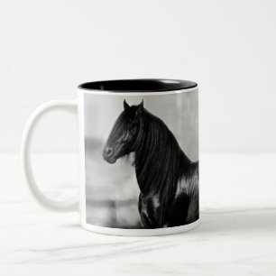 Stolzes friesisches schwarzes Stallionspferd Zweifarbige Tasse