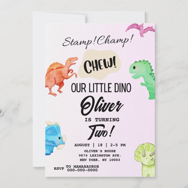 STOMP CHOMP ET CHEW Dinosaur Invitation d'annivers (Devant)