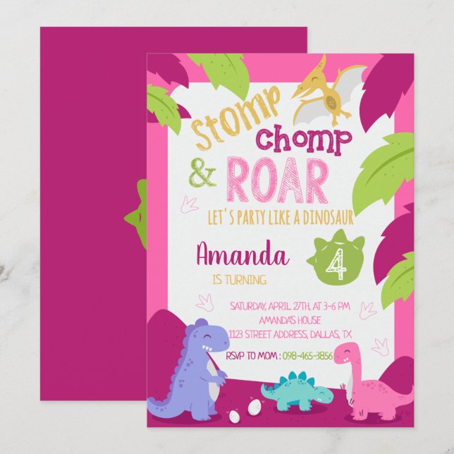 Stomp & Chomp Girl Dinosaurier Einladung zum Gebur (Vorne/Hinten)