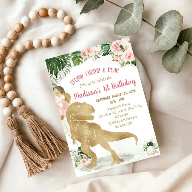 Stomp, Chomp, Road Dinosaur Gold Pink Birthday Einladung (Von Creator hochgeladen)