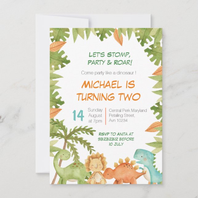 Stomp Chomp Roar Dino Invitation Anniversaire (Devant)
