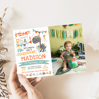 Stomp, Chomp & Roar Dinosaur Geburtstags-Foto Einladung