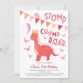 Stomp Chomp Roar Dinosaur Girl 1. Geburtstags-Part Einladung