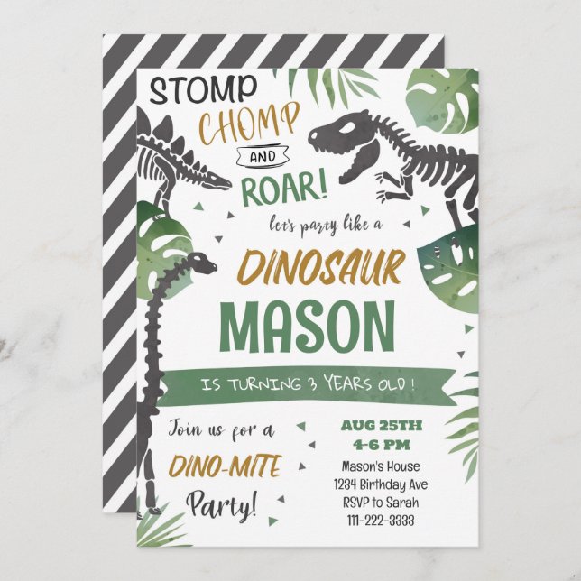 Stomp Chomp Roar Dinosaur Invitation Anniversaire (Devant / Derrière)