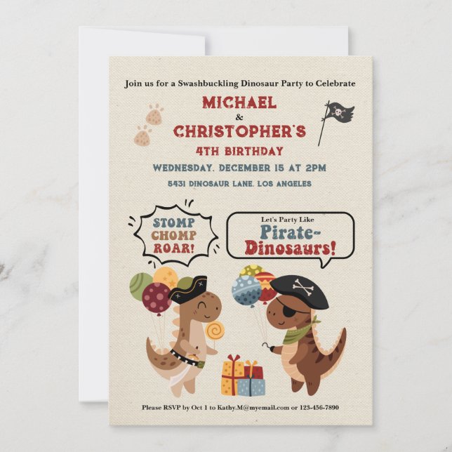 Stomp Chomp Roar Dinosaur Pirate Twin Boy Geburtst Einladung (Vorderseite)