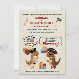 Stomp Chomp Roar Dinosaur Pirate Twin Boy Geburtst Einladung