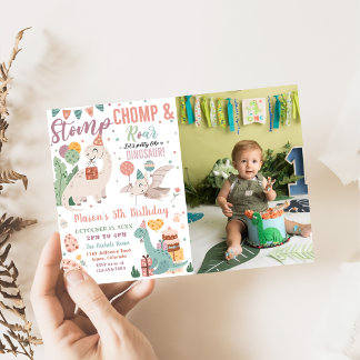 Stomp, Chomp & Roar Dinosaurier Geburtstags-Foto Einladung