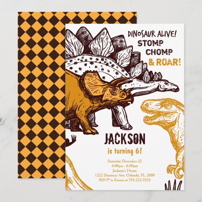 Stomp, Chomp und Roar! Dinosaur Birthday Invite Einladung (Vorne/Hinten)