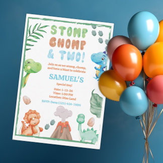Stomp, Chomp und zwei Aquarell Dinosaurier Geburts Einladung