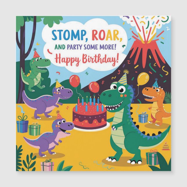 "Stomp, Roar & Party Mehr-Dino-Kinderdesign Magnetkarte (Vorderseite)