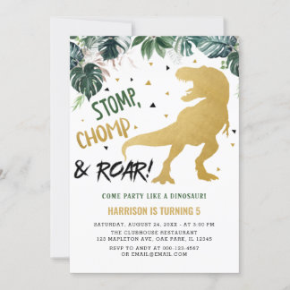 Stomp und Chomp Gold Dinosaur Geburtstag Einladung