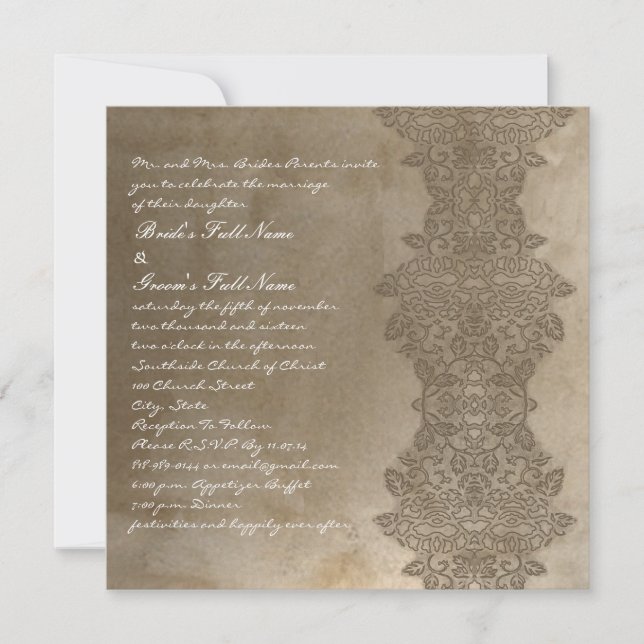 Stone Brown Vintag Damask Einladung (Vorderseite)