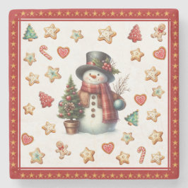 Stone Coaster Snowman and Christmas Cookies Red Steinuntersetzer