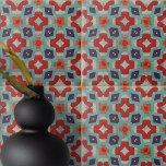 Stone Textur Kaleidoskop Geometrisch Fliese<br><div class="desc">Diese Keramik-Fliese zeichnet sich durch ein abstraktes geometrisches Muster aus, das ein Gleichgewicht- und Präzisionsgefühl ausstrahlt. Das Design erinnert an kaleidoskopische Bilder, symmetrische Formen strahlen von der Mitte in einer harmonischen Explosion von Rot, Blau, aquamarin und Beige aus. Der Hintergrund hat eine bedrückte Textur und verleiht der Kachel einen antiken...</div>