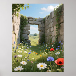 Stone Wall Ruin Meadow Flowers Art Poster