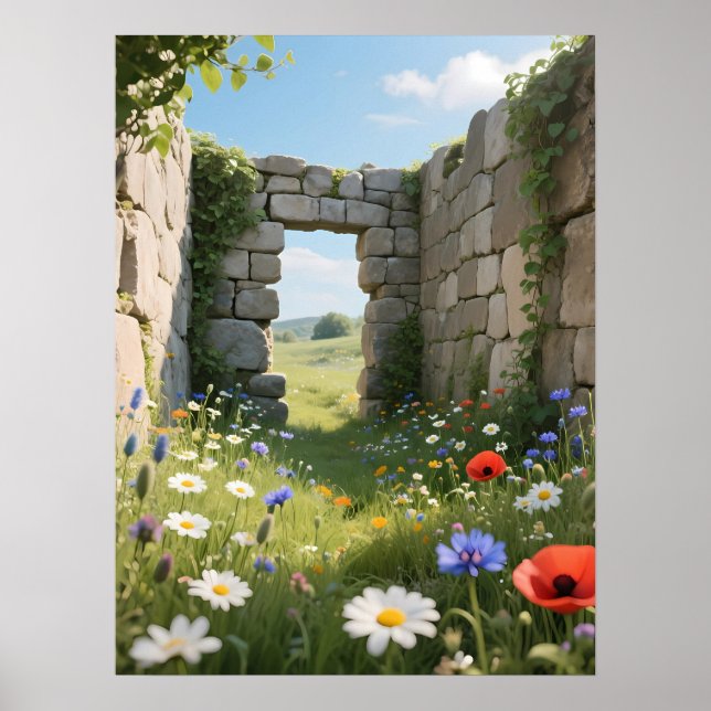 Stone Wall Ruin Meadow Flowers Art Poster (Vorne)