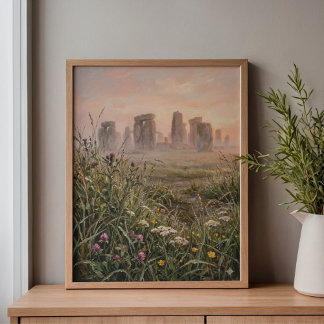 Stonehenge Morgennebel hohes Gras Kunst Leinwanddruck