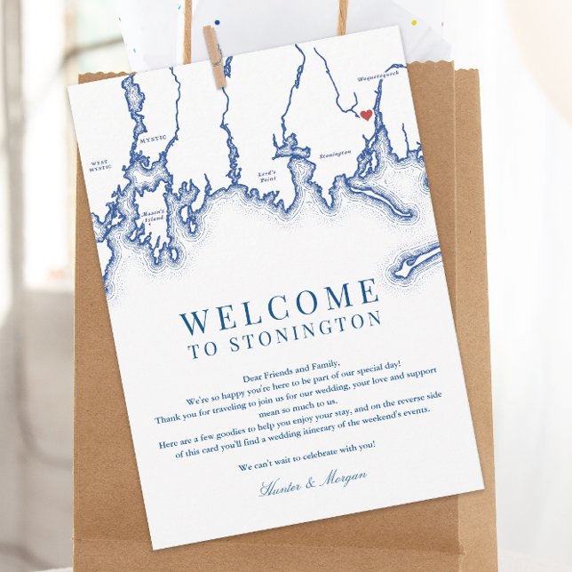 Stonington CT Map Wedding Welcome Letter Navy Blue Dankeskarte (Stonington CT Map Wedding Welcome letter and weekend events itinerary in elegant navy blue)