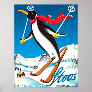 Stoos, Pinguin auf Ski, Schweizer Berge Poster