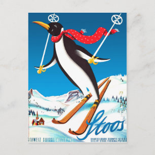Stoos, Pinguin auf Skiern, Schweizer Berge Postkarte