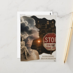 Stop Genieße Dein Leben Frau in Nacht Stadt Collag Postkarte