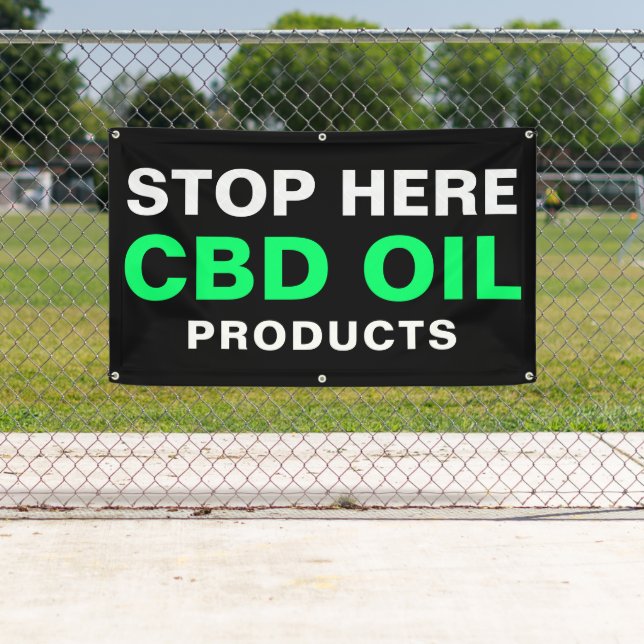 Stopp hier für CBD Öl kühne grüne schwarze Unterne Banner (Insitu)