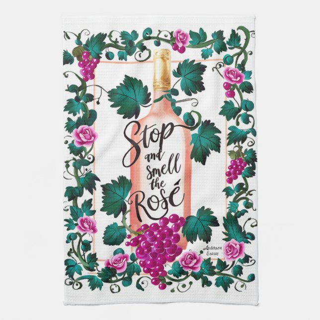 Stoppen und riechen Sie den Rosé Custom Pink Vino Geschirrtuch (Vertikal)