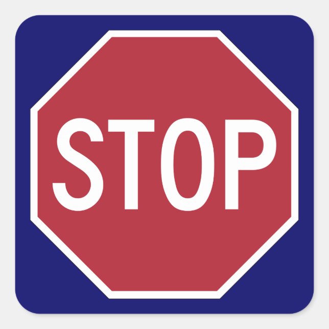 Stoppschild auf blau quadratischer aufkleber (Vorderseite)
