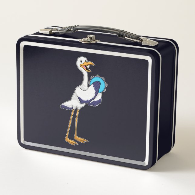 Storch als Musiker mit Tambourine Metall Brotdose (Vorderseite)