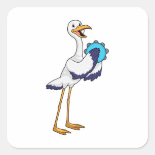 Storch als Musiker mit Tambourine Quadratischer Aufkleber