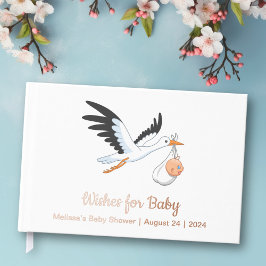 Storch auf dem White Baby Shower Foil Gästebuch