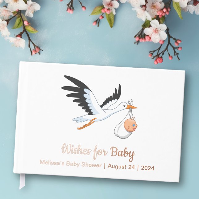 Storch auf dem White Baby Shower Foil Gästebuch (Von Creator hochgeladen)