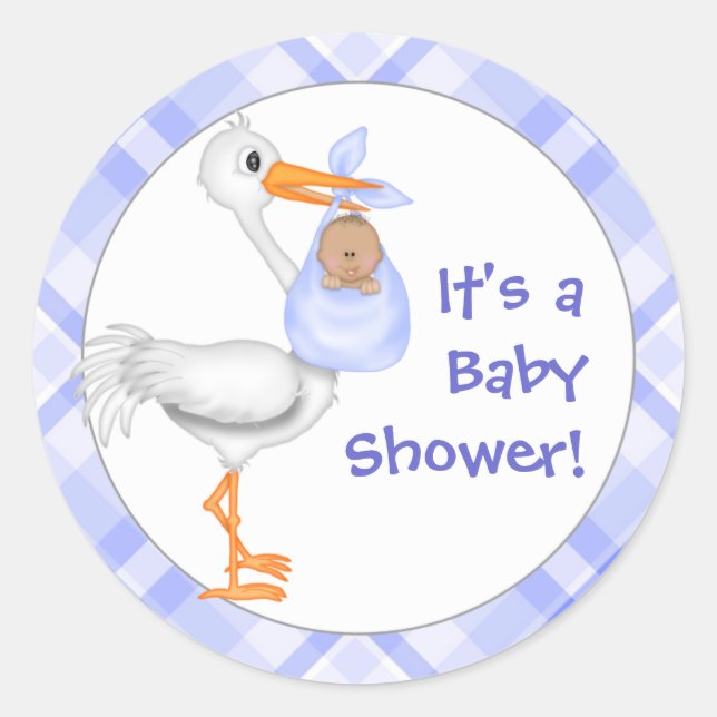 Storch & Baby Boy (dunkle Haut) Kinderdusche Runder Aufkleber (Vorderseite)
