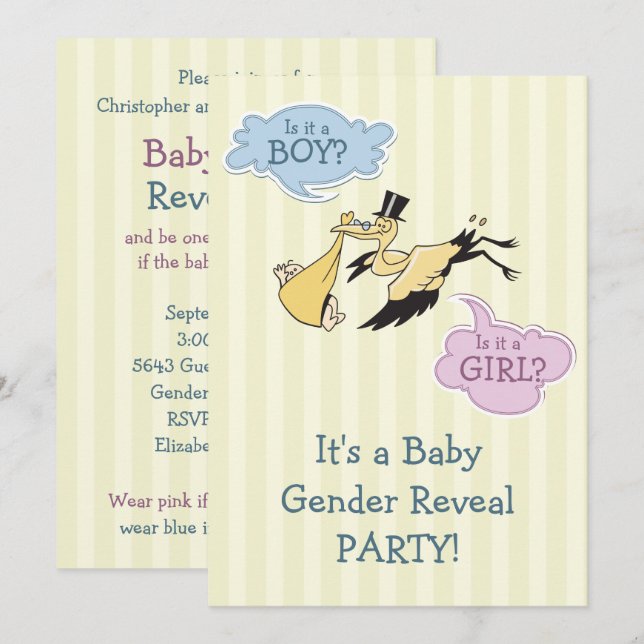 Storch-Baby-Geschlecht decken Party auf Einladung (Vorne/Hinten)