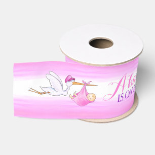 Storch-Baby ist auf seiner Weisenrosa-Babyparty Ripsband