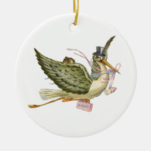 STORCH BABY MÄDCHEN Dusche MONOGRAMM Roter Rubin Keramik Ornament