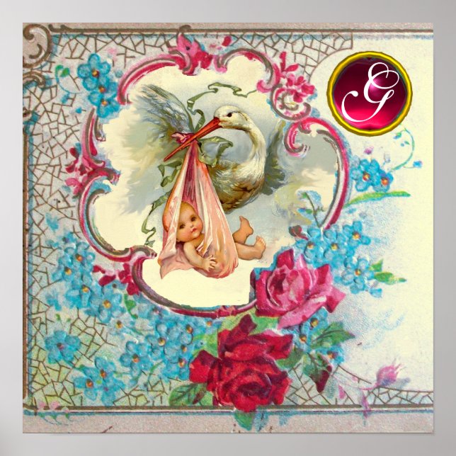 STORCH BABY MÄDCHEN DUSCHE Ruby Edelstein Monogram Poster (Vorne)