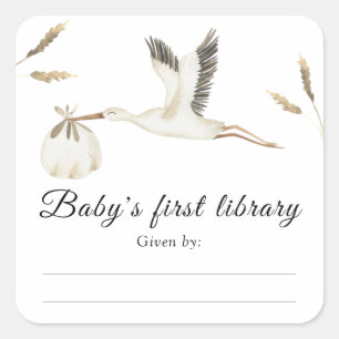 Storch - Baby Shower Exlibris, Bücher für Baby Quadratischer Aufkleber