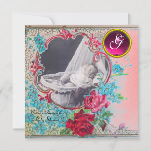 STORCH BABY SHOWER MONOGRAMM FOTO VORLAGE,weiß Einladung