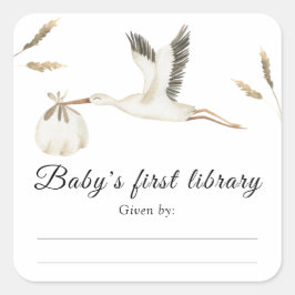 Storch - Babydusche Buchzeichen, Babybücher Quadratischer Aufkleber